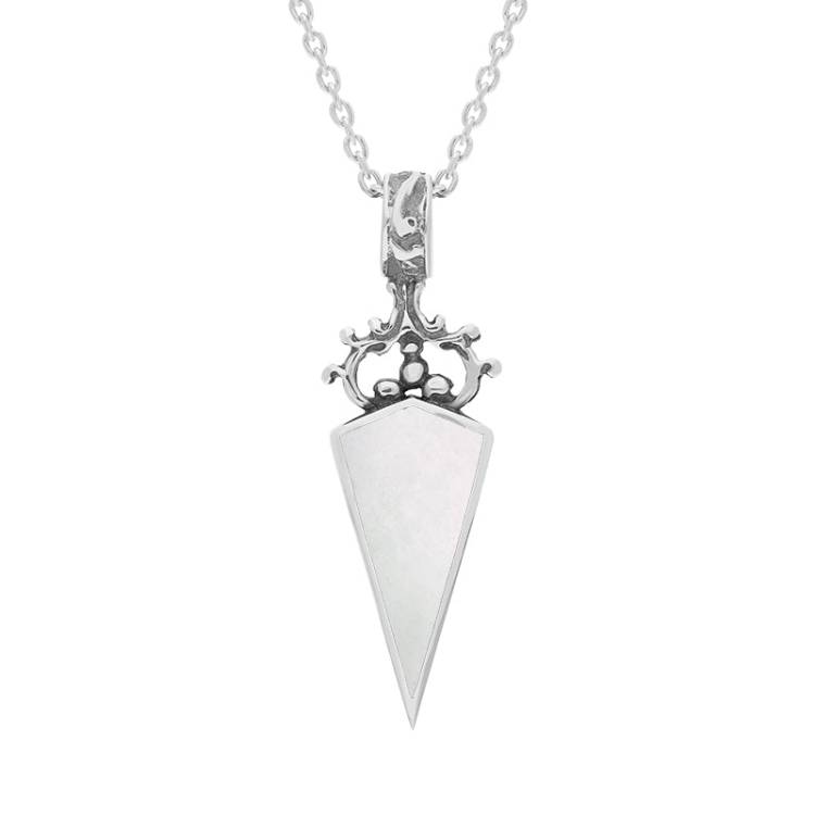 9ct White Gold Whitby Jet Mother Of Pearl Double Sided Dagger Fob Necklace - White Gold