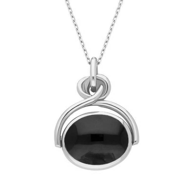 9ct White Gold Whitby Jet White Mother of Pearl Oval Swivel Fob Necklace - White Gold