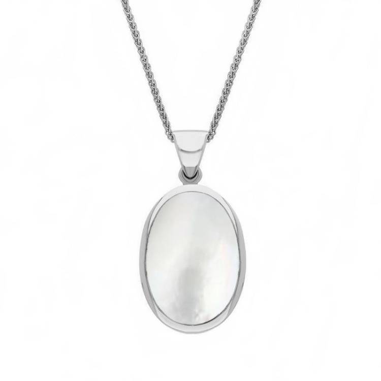 9ct White Gold Whitby Jet White Mother Of Pearl Small Double Sided Fob Necklace