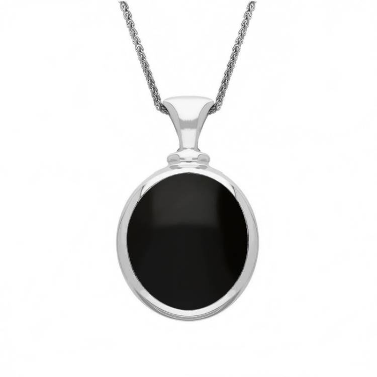 9ct White Gold Whitby Jet Mother Of Pearl Small Double Sided Oval Fob Necklace - White Gold