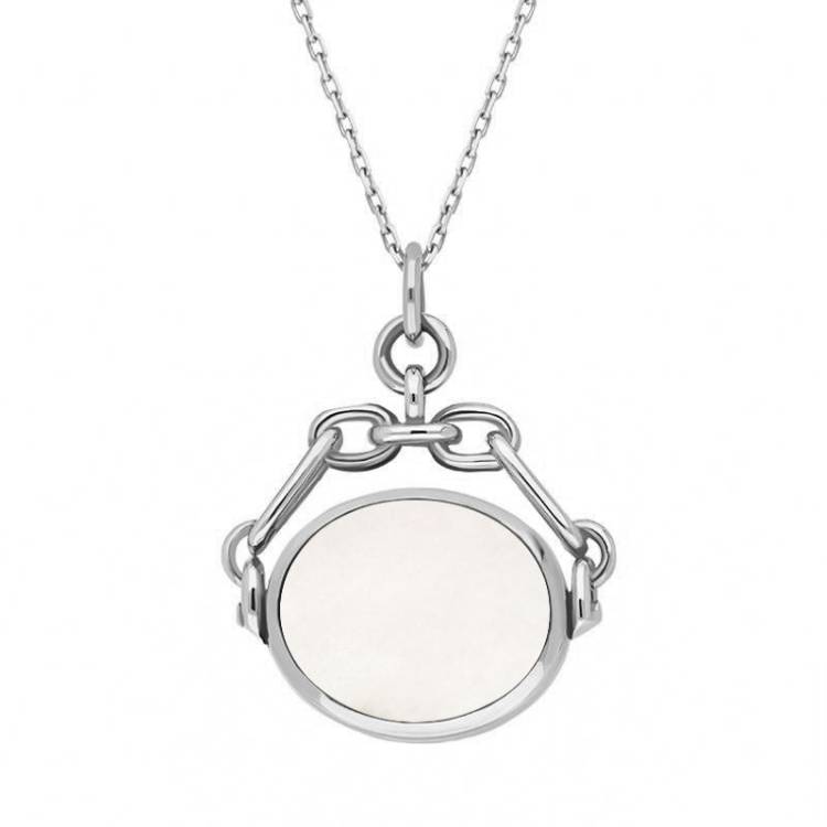 9ct White Gold Whitby Jet White Mother Of Pearl Double Sided Swivel Fob Necklace - White Gold