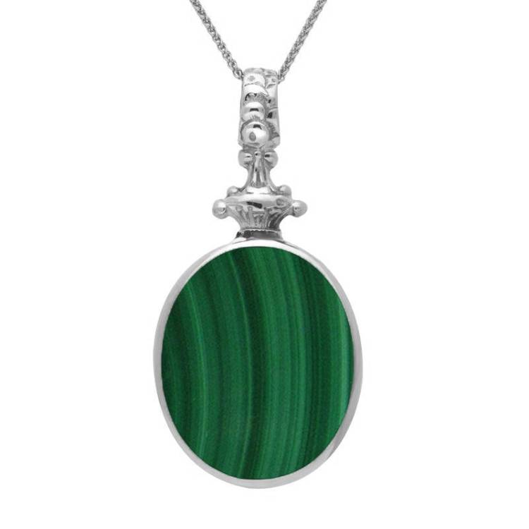 9ct White Gold Whitby Jet Malachite Double Sided Oval Fob Necklace - White Gold