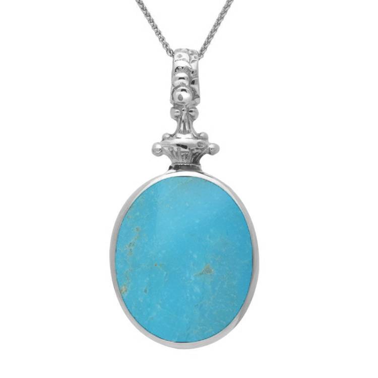 9ct White Gold Whitby Jet Turquoise Double Sided Oval Fob Necklace - White Gold