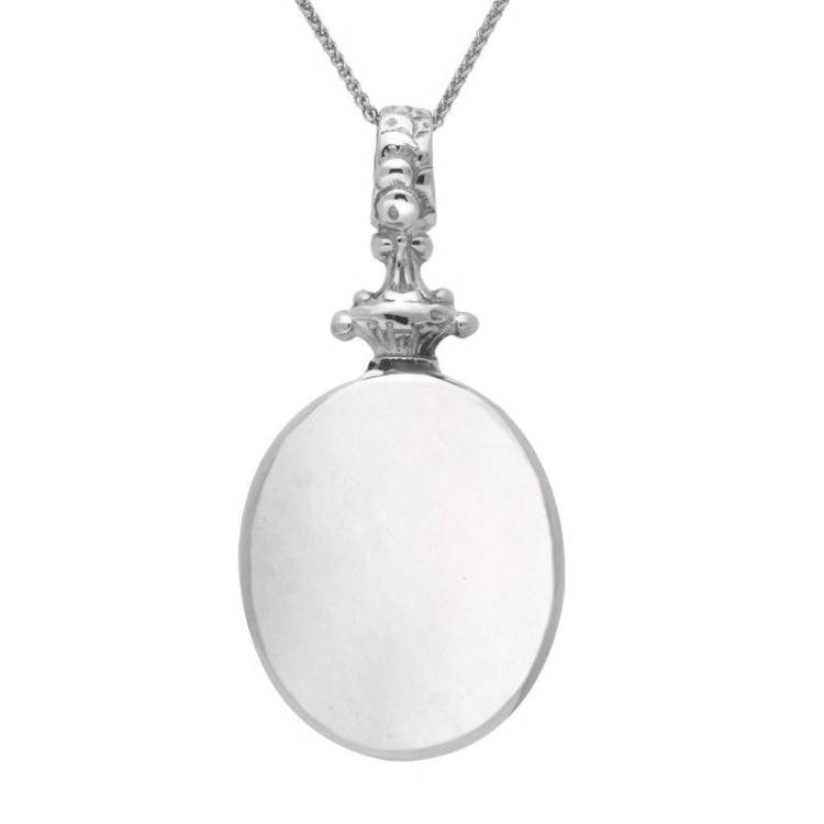 9ct White Gold Whitby Jet White Mother Of Pearl Double Sided Oval Fob Necklace - White Gold