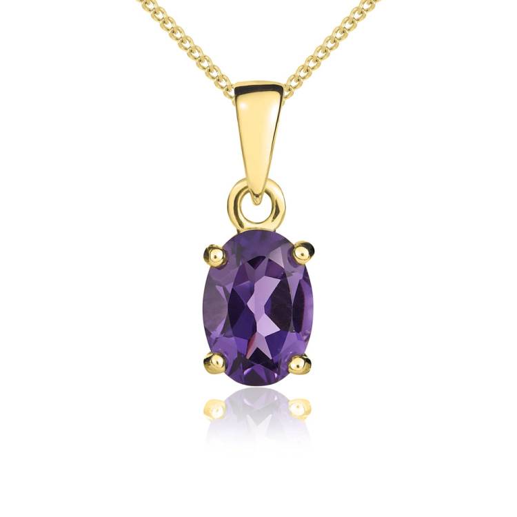 9ct Yellow Gold Amethyst 7x5mm Oval Claw Set Necklace - Gold