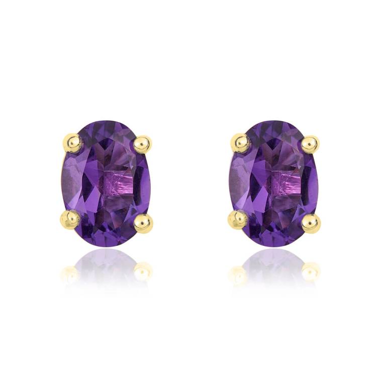 9ct Yellow Gold Amethyst 7x5mm Oval Claw Set Stud Earrings - Gold