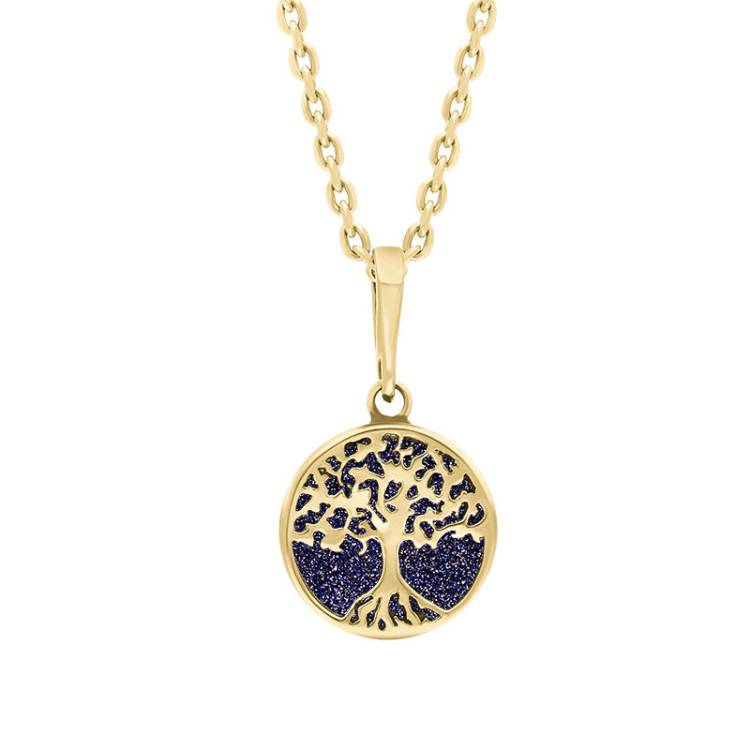 9ct Yellow Gold Small Blue Goldstone Round Tree of Life Necklace - Gold