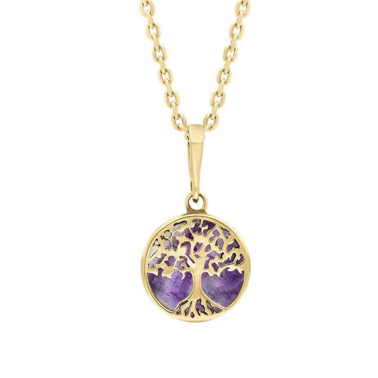 9ct Yellow Gold Small Blue John Round Tree of Life Necklace - Gold