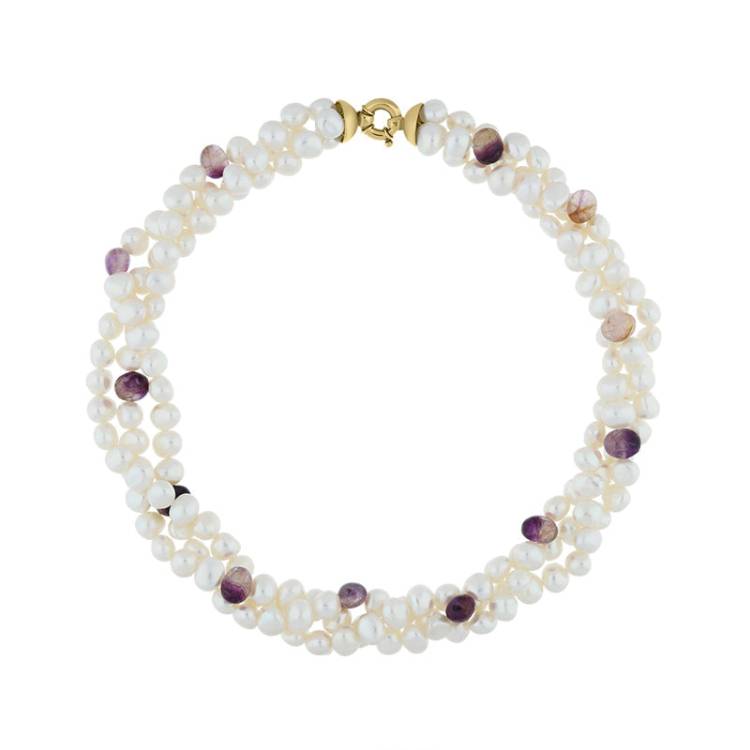 9ct Yellow Gold Blue John Freshwater Pearl Necklace D - Gold