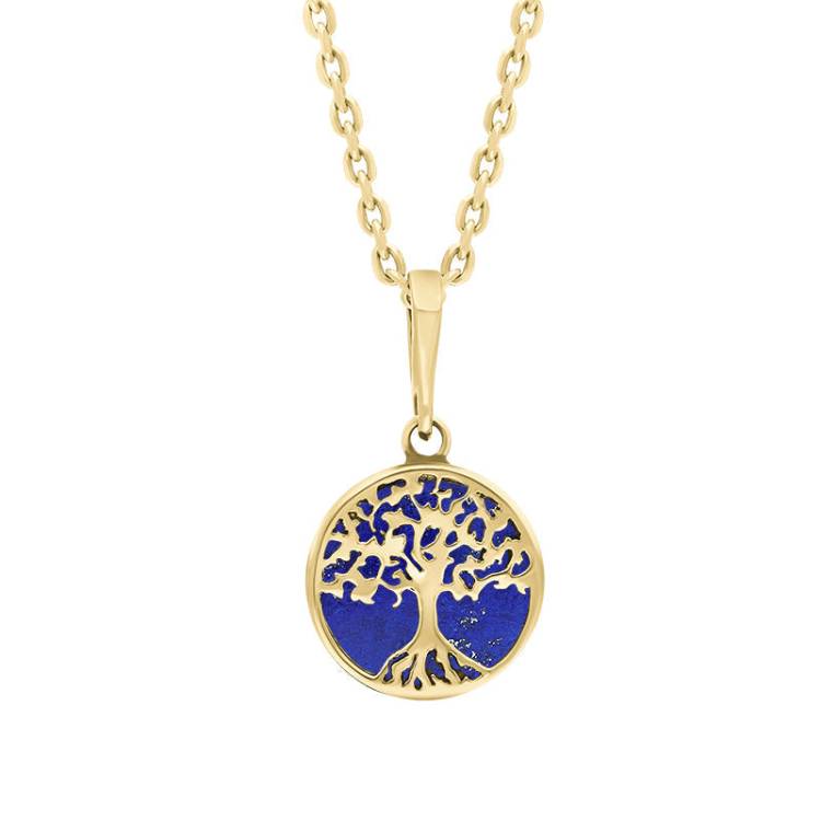 9ct Yellow Gold Small Lapis Lazuli Round Tree of Life Necklace - Gold