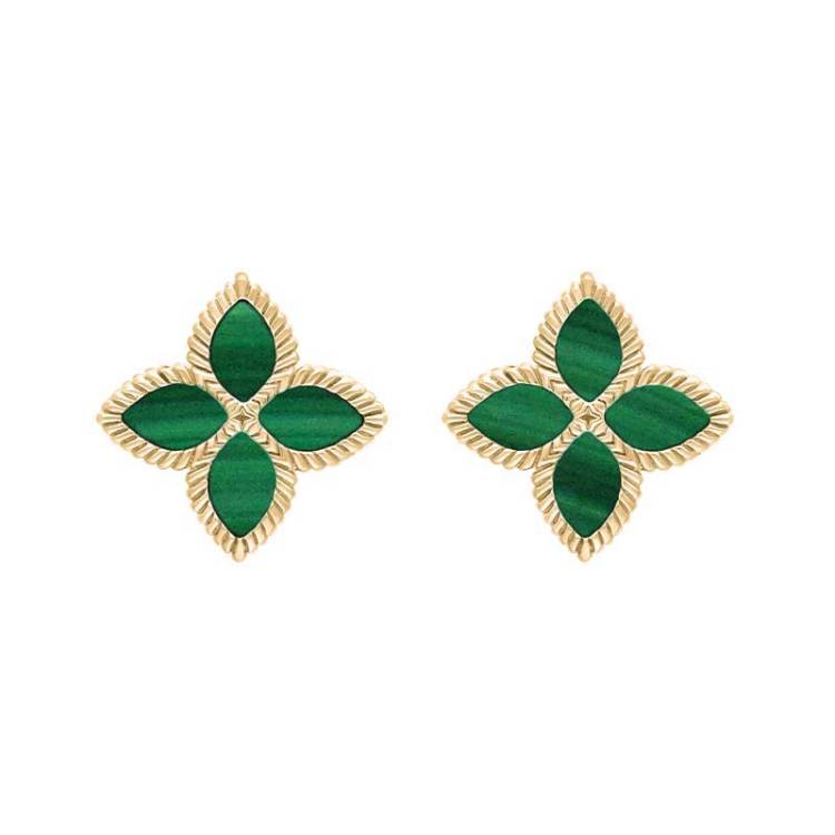 9ct Yellow Gold Malachite Bloom Marquise Flower Stud Earrings - Gold