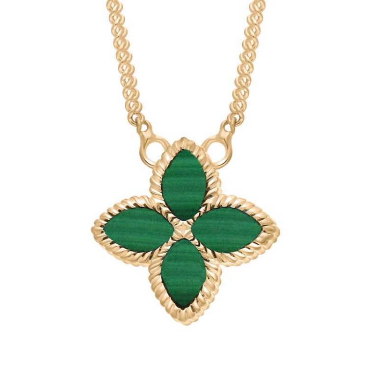 9ct Yellow Gold Malachite Bloom Small Marquise Flower Necklace - Gold