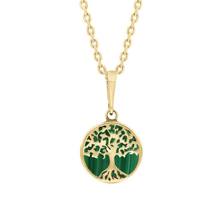 9ct Yellow Gold Small Malachite Round Tree of Life Necklace - Gold