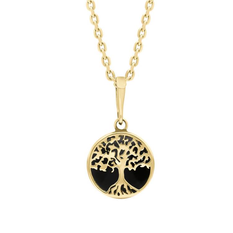 9ct Yellow Gold Small Whitby Jet Round Tree of Life Necklace - Gold
