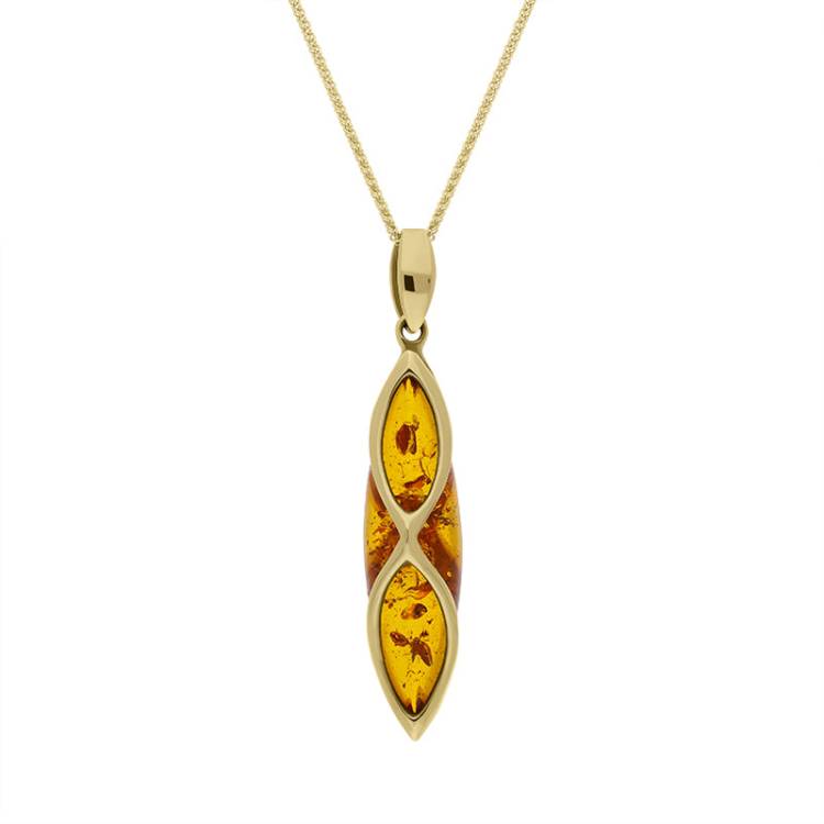 9ct Yellow Gold Amber Long Marquise Lattice Necklace D - Silver