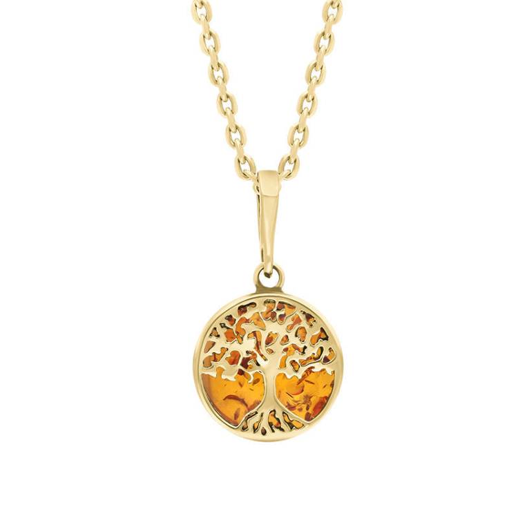 9ct Yellow Gold Small Amber Round Tree of Life Necklace - Gold