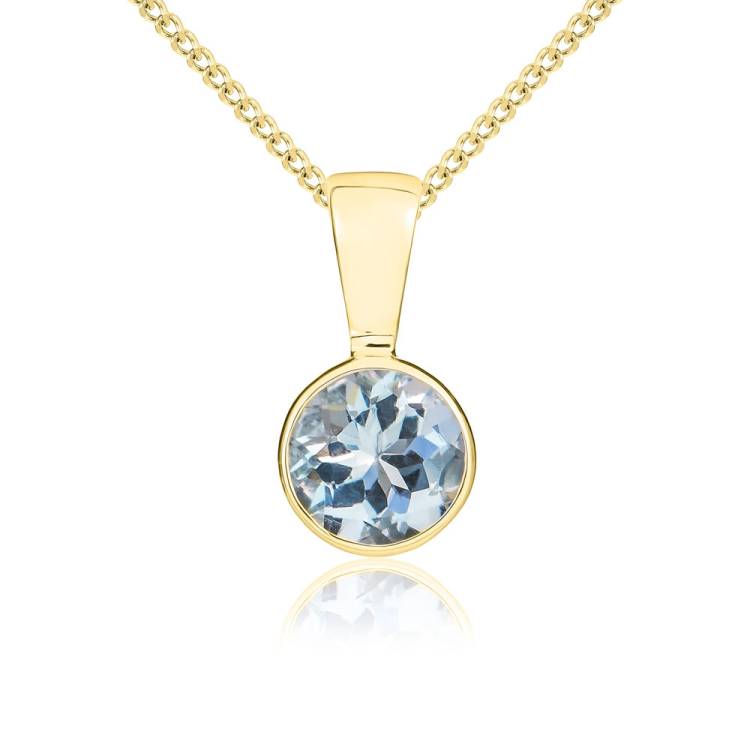 9ct Yellow Gold Aquamarine 5mm Round Rub Over Set Necklace - Gold
