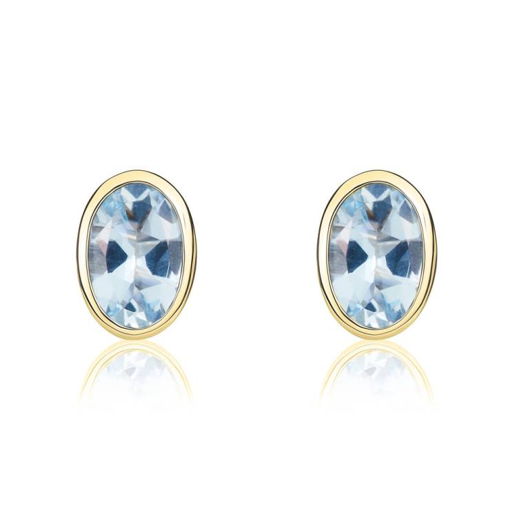 9ct Yellow Gold Aquamarine 6x4mm Oval Rub Over Set Stud Earrings - Gold