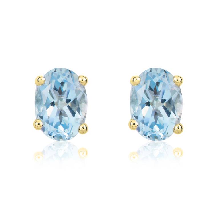 9ct Yellow Gold Aquamarine 7x5mm Oval Claw Set Stud Earrings - Gold