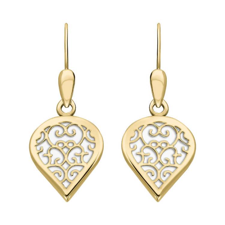 9ct Yellow Gold Bauxite Flore Filigree Heart Drop Earrings
