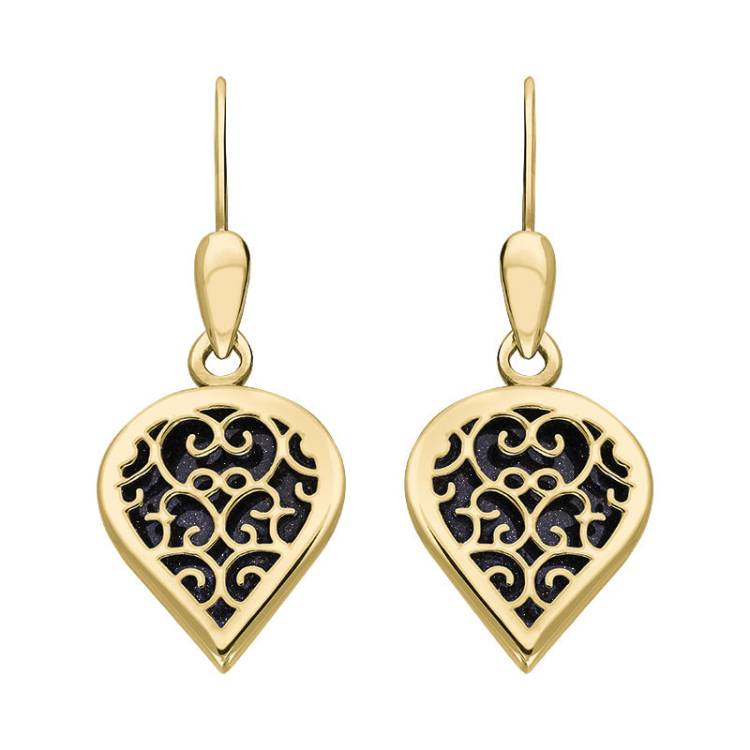 9ct Yellow Gold Blue Goldstone Flore Filigree Heart Drop Earrings