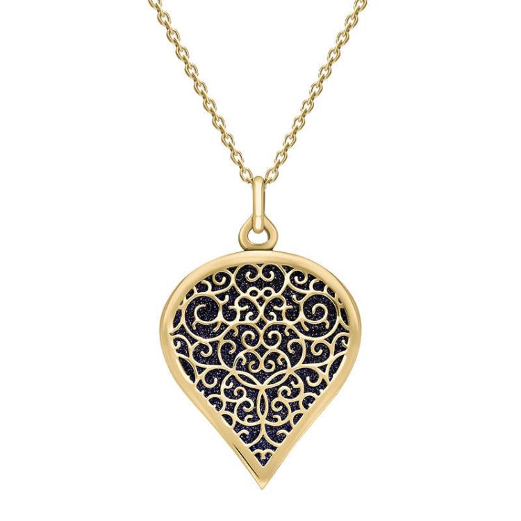 9ct Yellow Gold Blue Goldstone Flore Filigree Large Heart Necklace