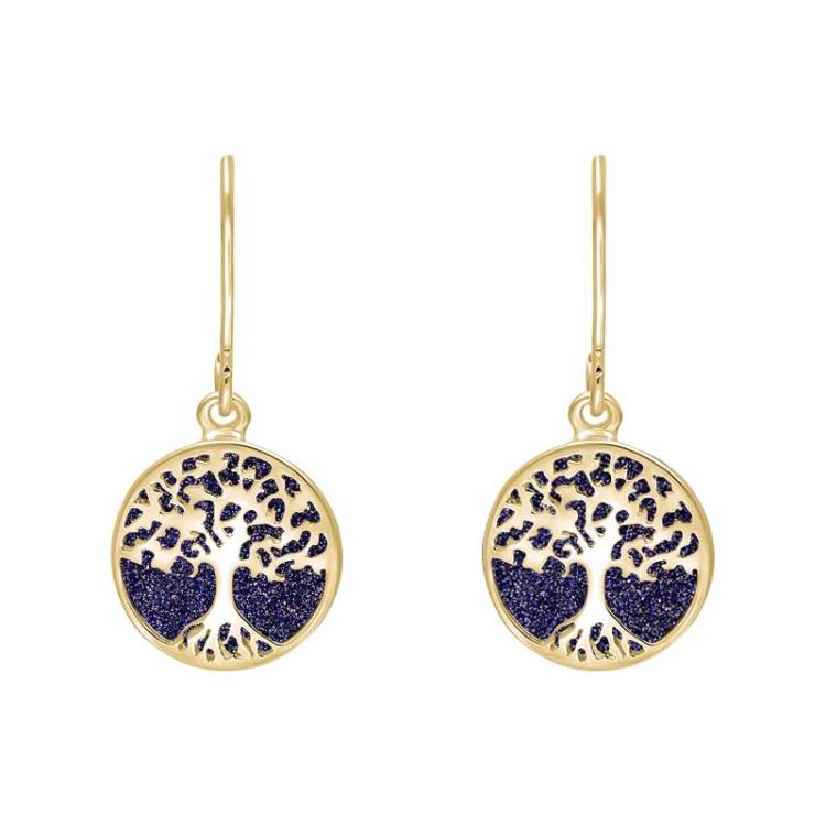 9ct Yellow Gold Blue Goldstone Round Tree of Life Drop Earrings