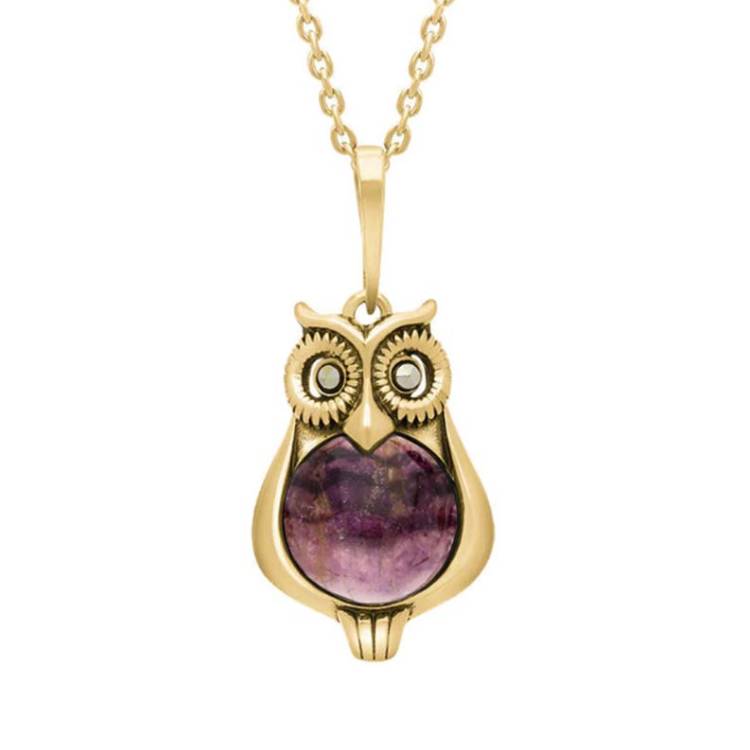 9ct Yellow Gold Blue John Marcasite Small Owl Necklace - Gold