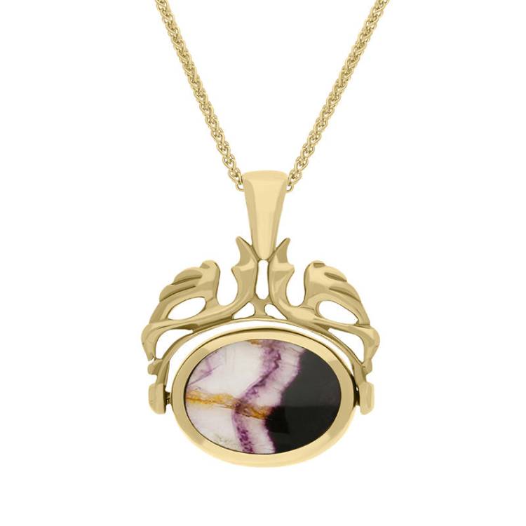 9ct Yellow Gold Blue John Mother Of Pearl Double Sided Oval Swivel Fob Necklace - Yellow Gold