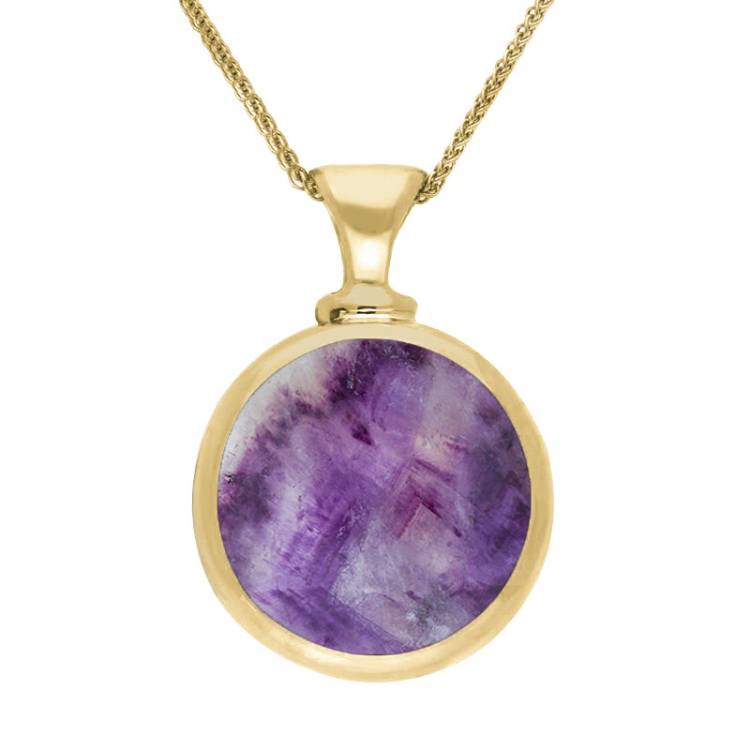 9ct Yellow Gold Blue John Mother Of Pearl Double Sided Round Dinky Fob Necklace - Yellow Gold
