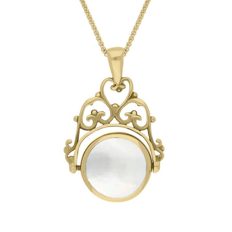 9ct Yellow Gold Blue John Mother Of Pearl Double Sided Round Swivel Fob Necklace - Yellow Gold