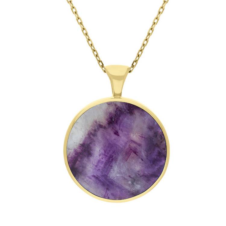 9ct Yellow Gold Blue John Mother Of Pearl Large Double Sided Round Fob Necklace - Yellow Gold
