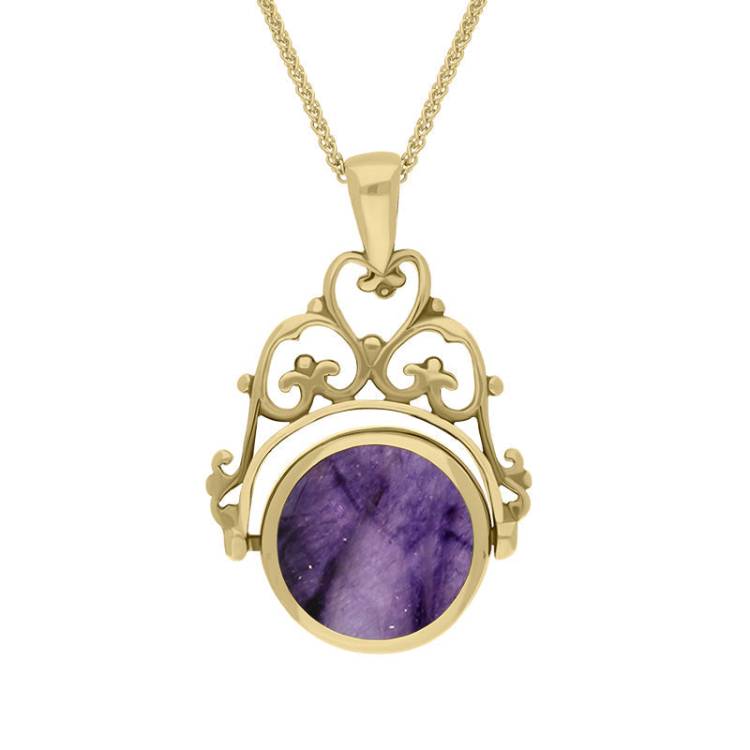 9ct Yellow Gold Blue John Whitby Jet Double Sided Round Swivel Fob Necklace - Yellow Gold