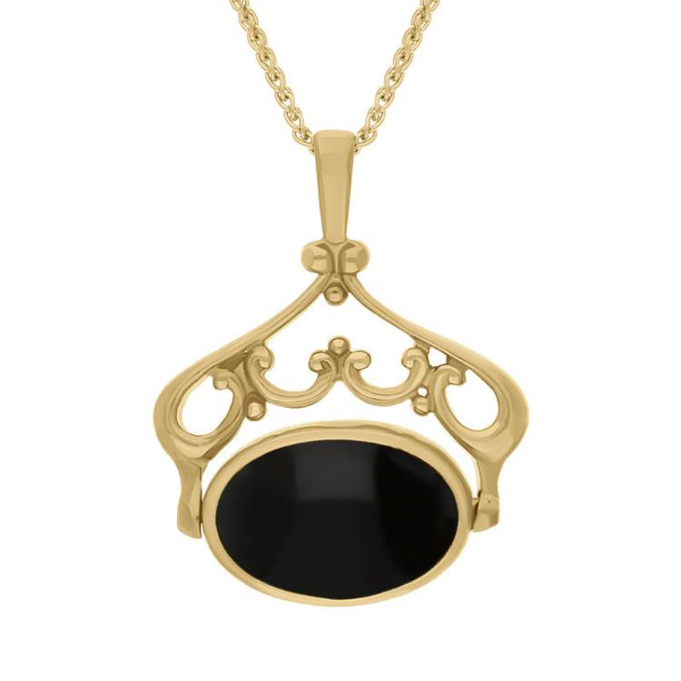 9ct Yellow Gold Blue John Whitby Jet Double Sided Oval Swivel Fob Necklace - Yellow Gold