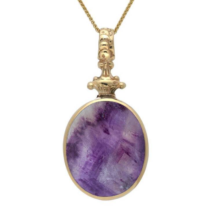 9ct Yellow Gold Blue John White Mother Of Pearl Double Sided Oval Fob Necklace - Yellow Gold