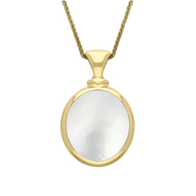 9ct Yellow Gold Blue John White Mother Of Pearl Small Double Sided Oval Fob Necklace - Yellow Gold