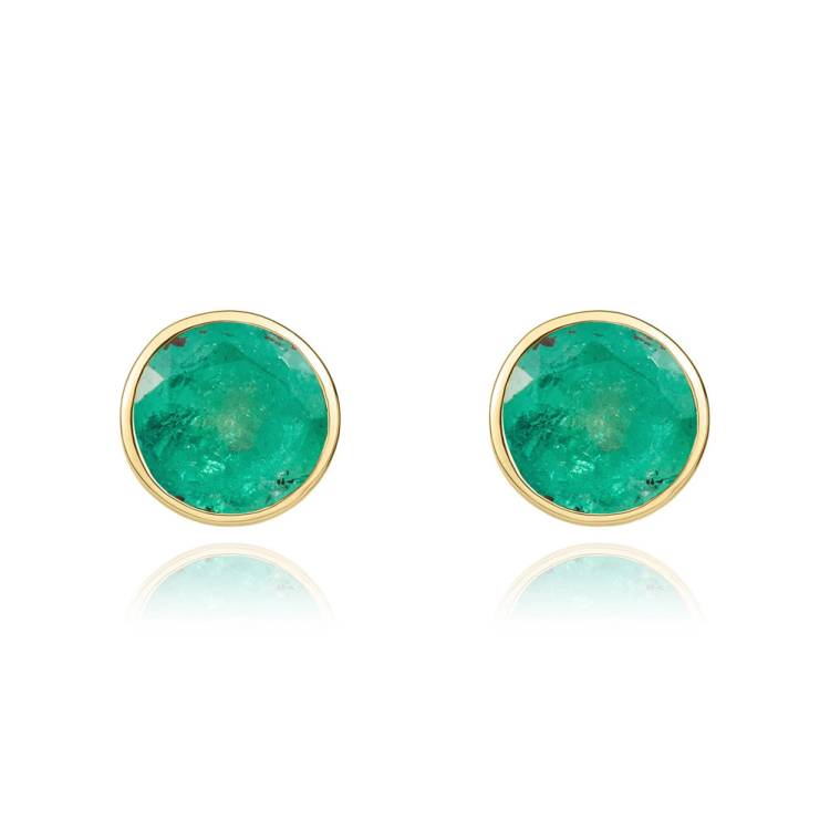 9ct Yellow Gold Emerald 5mm Round Rub Over Set Stud Earrings - Gold