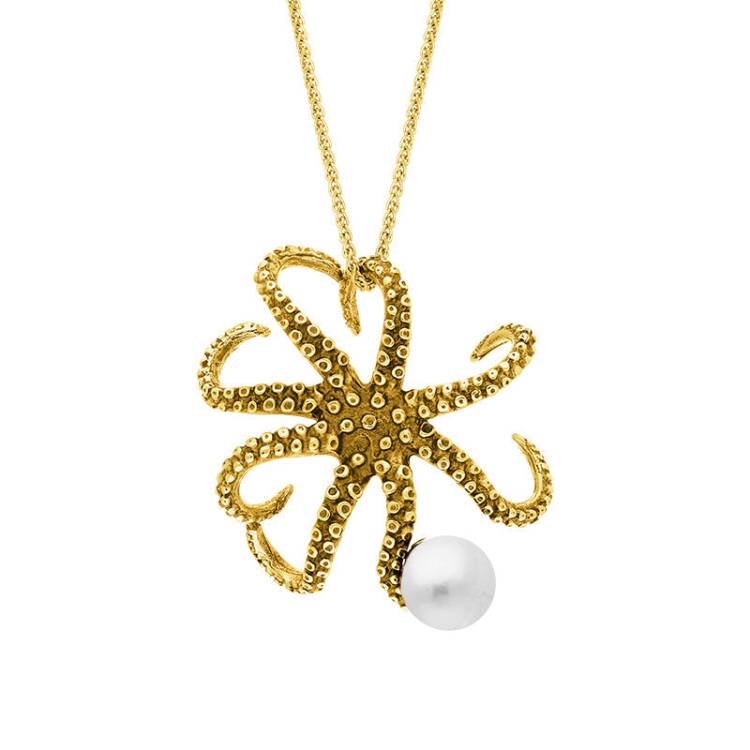 9ct Yellow Gold Freshwater Pearl Bead Octopus Necklace - Gold