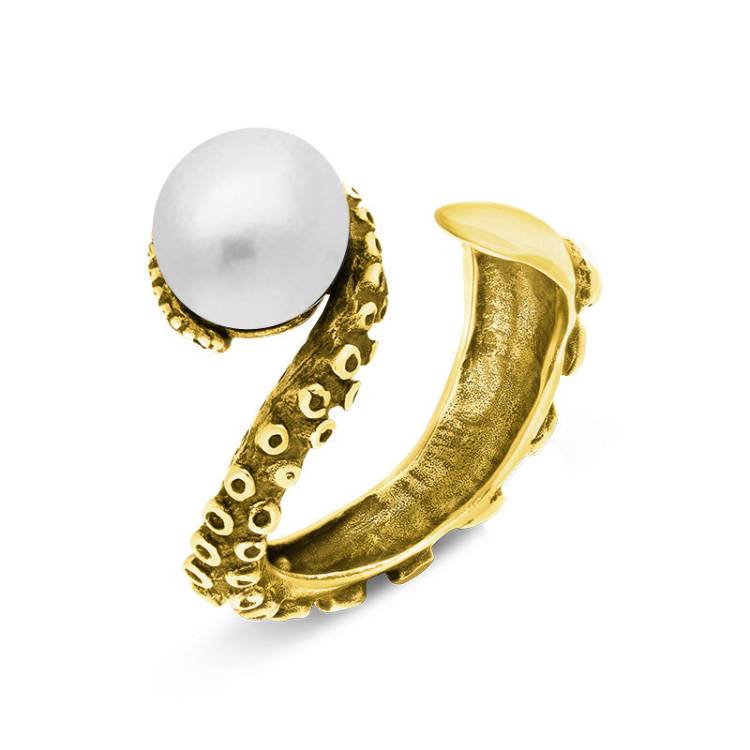 9ct Yellow Gold Freshwater Pearl Bead Swirl Tentacle Ring - Gold