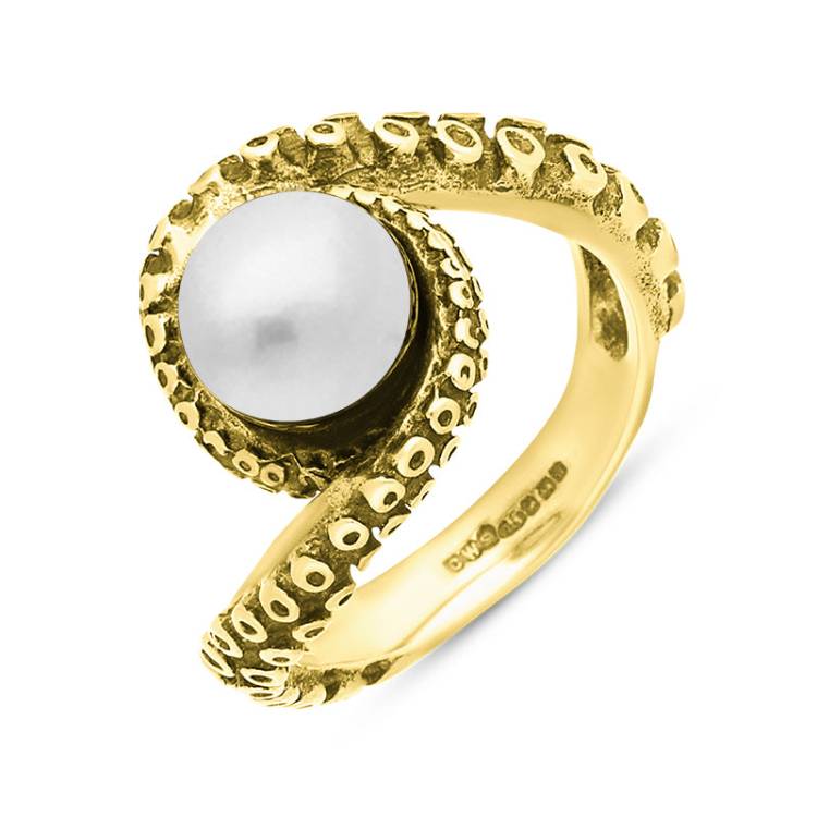9ct Yellow Gold Freshwater Pearl Bead Twist Tentacle Ring - Gold