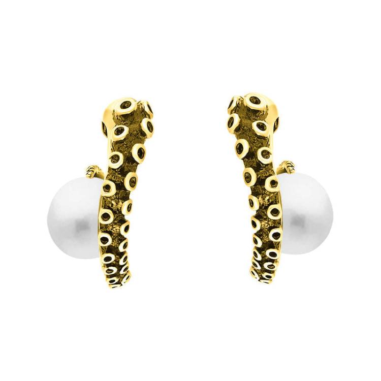 9ct Yellow Gold Freshwater Pearl Tentacle Hoop Earrings - Gold