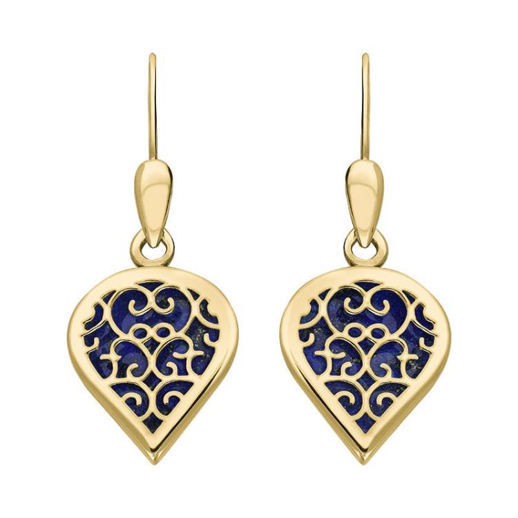 9ct Yellow Gold Lapis Lazuli Flore Filigree Heart Drop Earrings