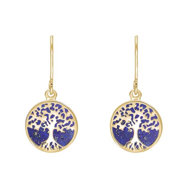 9ct Yellow Gold Lapis Lazuli Round Tree of Life Drop Earrings