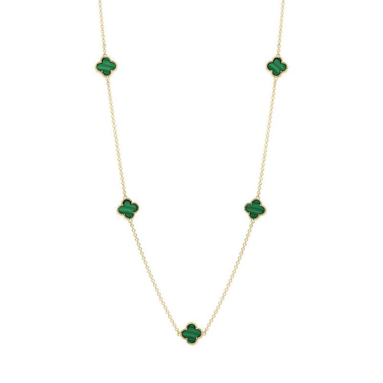 9ct Yellow Gold Malachite Bloom Four Leaf Clover Ball Edge Necklace