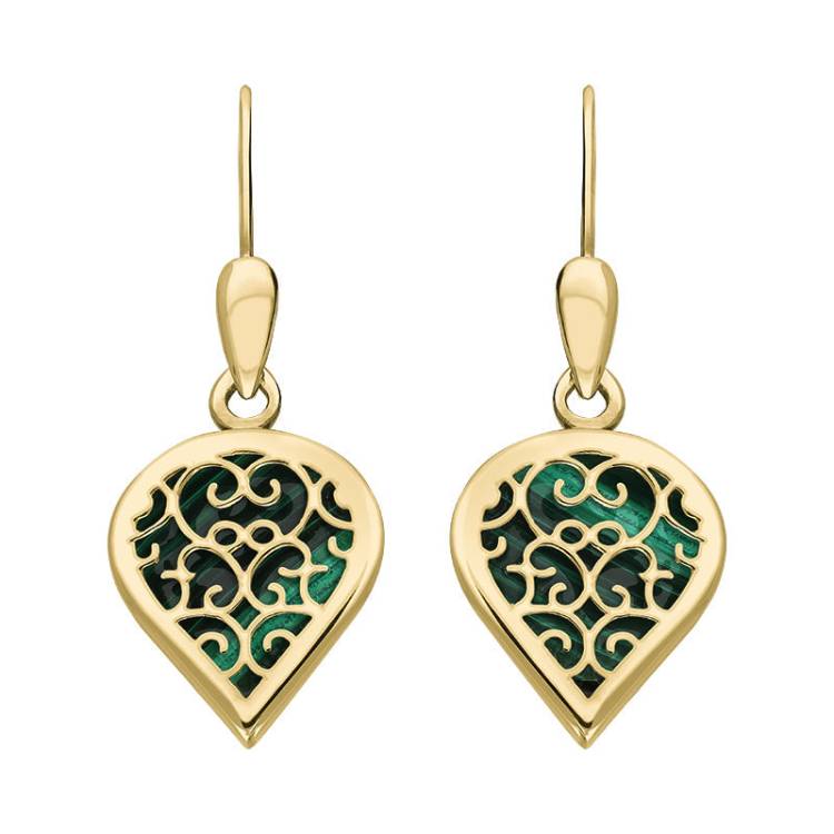 9ct Yellow Gold Malachite Flore Filigree Heart Drop Earrings
