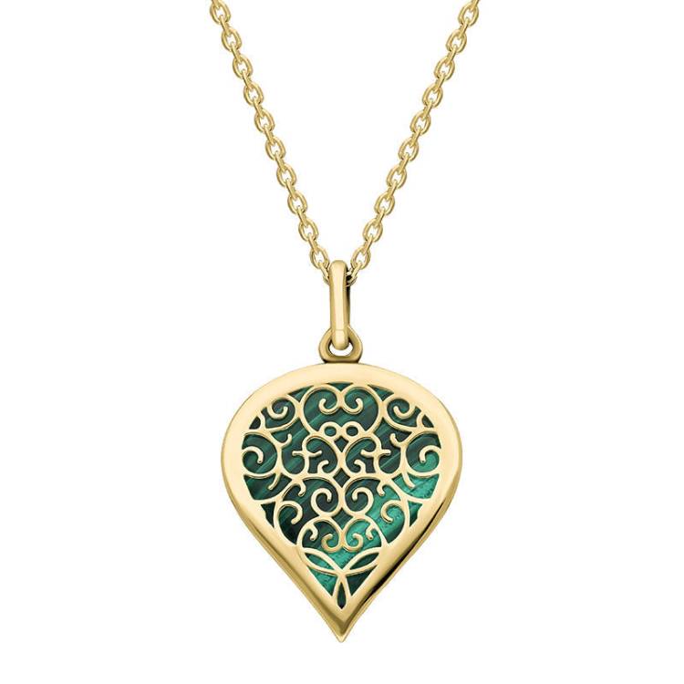 9ct Yellow Gold Malachite Flore Filigree Medium Heart Necklace