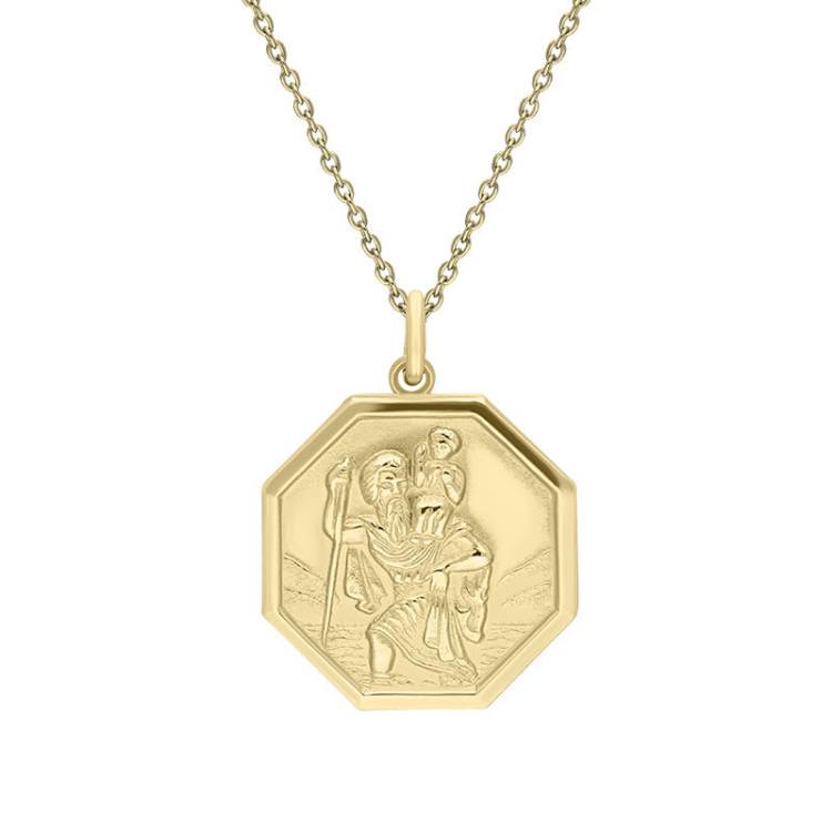 9ct Yellow Gold Medium Octagonal Saint Christopher Necklace - Yellow Gold