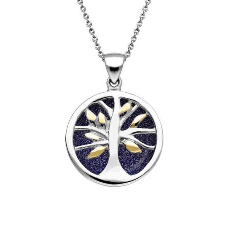 Yellow Gold Plated Sterling Silver Blue Goldstone Small Round Tree of Life Necklace