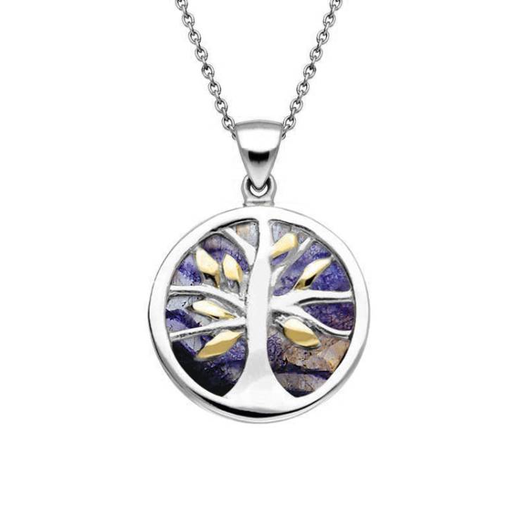 Yellow Gold Plated Sterling Silver Blue John Small Round Tree of Life Necklace