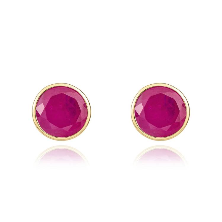 9ct Yellow Gold Ruby 5mm Round Rub Over Set Stud Earrings - Gold